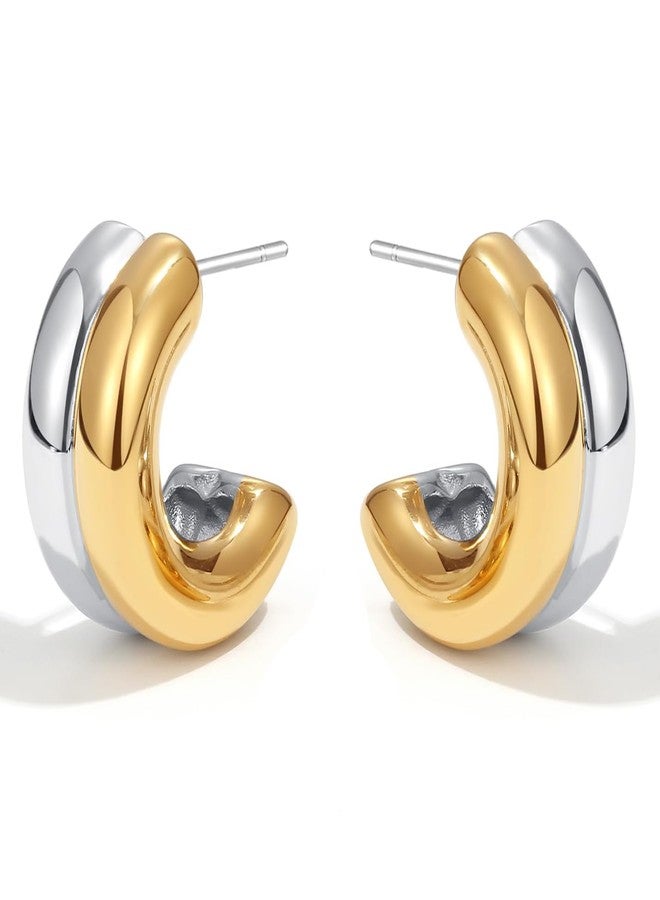 NUZON Two Tone Double Hoops Earrings for Women 18K Gold Plated Hypoallergenic Post Silver & Gold Mixed Metal Small C Open Earrings Statement Minimalist Jewelry Best Friend - Image 1